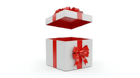 A white gift box with a red ribbon and bow is shown open, with the lid suspended above the base. The...
