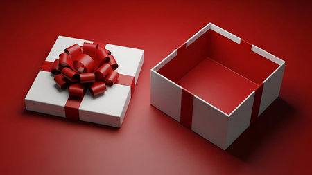 An open white gift box with a vibrant red ribbon and a large red bow is positioned on the left side...