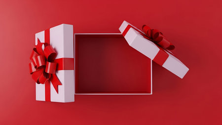 An open white gift box with a red ribbon and a large red bow sits on a solid red background. The lid...