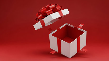 An open white gift box adorned with red ribbon and a prominent red bow is set against a solid red...