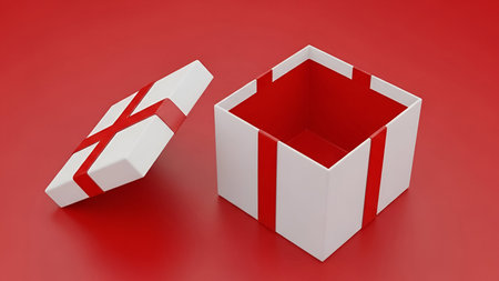 An open white gift box with red ribbon accents is positioned on a red surface. The lid of the box is...