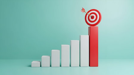 A 3D rendered bar graph with white bars of increasing height is shown against a solid turquoise background. The tallest bar on the right is red and has a red and white target with a dart hitting the bullseye at its apex. The image symbolizes success, achievement, and reaching goals.の写真素材