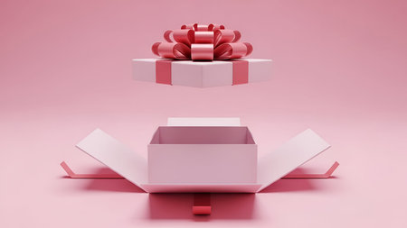A pastel pink gift box is depicted in the process of opening against a matching pink background. The...