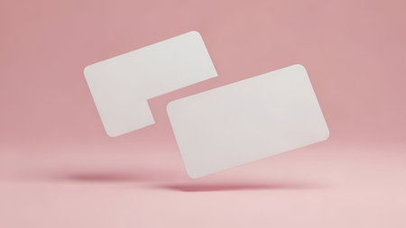 Two blank, white rectangular cards with rounded corners are shown floating in the air against a soft...