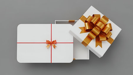 Two white gift boxes are arranged on a neutral gray background. One box is closed, tied with a thin...