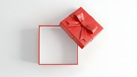 A top-down view of an open red gift box with its lid angled to the side. A red ribbon is tied in a...