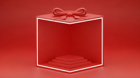 A red cube-shaped stage or podium is illuminated by a thin white neon light outline around its top...