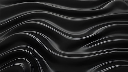 A close-up view of a dark, glossy black fabric with a smooth, wavy texture. The surface undulates...