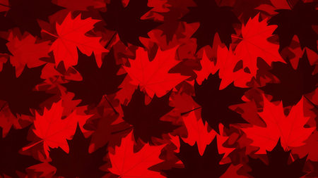 This image presents a repeating pattern of red maple leaves. The leaves are rendered in varying...