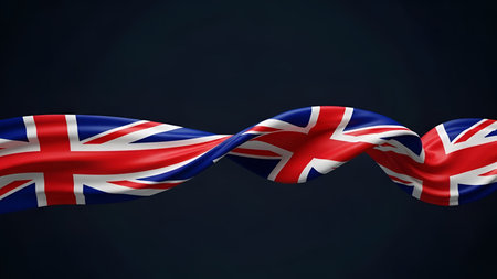 The Union Jack flag of the United Kingdom is depicted as a twisted ribbon, flowing dynamically...