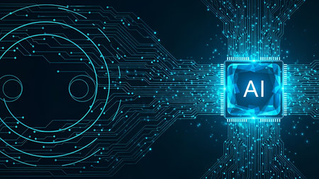 A glowing blue AI chip is centrally positioned on the right side of the image, connected by...