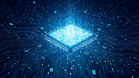 A detailed, close-up view of a central processor chip, glowing intensely with a bright blue light...