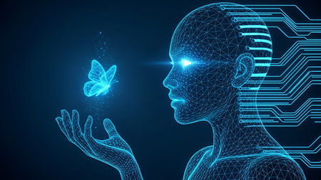 Human head and butterfly hologram. Artificial intelligence concept. 3D Rendering