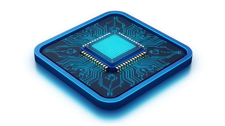 Microprocessor in the form of a circuit board on a white background