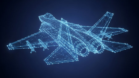 Fighter jet fighter low poly wireframe 3d rendering on blue backgroundの写真素材
