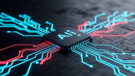 a closeup view of a microchip with the text "AI" prominently displayed in the center. The microchip is surrounded by intricate circuit patterns that glow in blue and red hues. The background is dark, enhancing the vibrant colors of the illuminated circuits. The overall composition conveys a sense of advanced technology and digital innovation.の写真素材