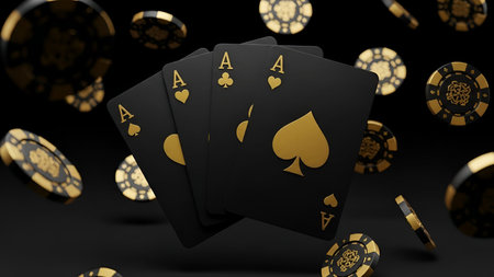 The four black playing cards with gold aces displayed prominently. The cards include three aces of spades and one ace of hearts. Surrounding the cards are numerous gold poker chips with intricate creating a and high-stakes gambling atmosphere. The background is dark, emphasizing the contrast between the black cards and gold evoking a sense of sophistication and intensity.の写真素材
