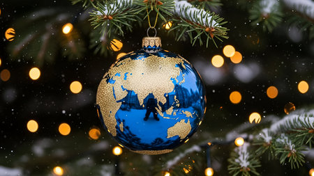 A spherical Christmas ornament featuring a blue and gold globe with a map hangs on a decorated Christmas tree. The ornament is adorned with a metallic gold The tree is decorated with twinkling yellow lights and dusted with artificial snow, creating a festive and cozy winter atmosphere. The green pine needles and branches of the tree are visible in the background, adding to the holiday ambiance.の写真素材