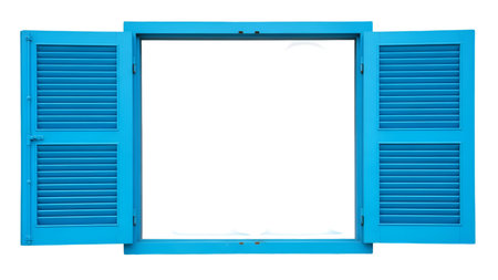 The a pair of bright blue window shutters that are open, revealing a white background. In the center of the window frame, there is a white silhouette of a whisk, creating a striking contrast against the light backdrop. The whisk shape is detailed and stylized, with a clear outline and negative space. The overall composition is minimalistic and modern, focusing on the interplay of color and shape.の写真素材