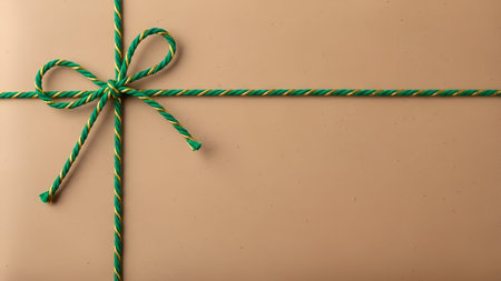 The a twisted ribbon with green and yellow stripes forming a bow knot on a plain brown background. The ribbon is tied in a simple, symmetrical bow with loose ends extending from the knot. The background is a smooth, matte brown surface, providing a neutral backdrop that highlights the vibrant colors of the ribbon. The overall composition is minimalistic and clean, with the focus entirely on the ribbon and its intricate twist.の写真素材