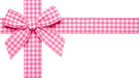 The a pink checkered ribbon with a neatly tied bow in the center. The ribbon has a classic plaid pattern with alternating pink and white squares. The ribbon appears smooth and slightly shiny, suggesting a soft fabric texture.の写真素材