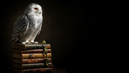 A white owl is perched on of a stack of old books with visible wear and aged covers. The books are arranged neatly, and a vine of ivy is draped over the side of the stack. The owl has a focused and serene expression, with its eyes open and facing forward. The background is dark, which highlights the owl and the books, creating a contrast that emphasizes the overall mood is calm and scholarly, evoking themes of wisdom and knowledge.の写真素材