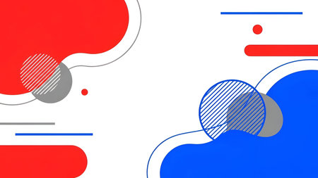 an abstract composition with overlapping geometric shapes in red, blue, and gray against a white background. The includes circles, lines, and dots, creating a dynamic and modern visual effect. The shapes are stylized and overlap each other, adding depth and complexity to the composition. The overall mood is clean and minimalist, various purposes.の写真素材