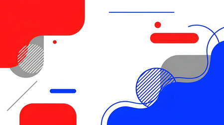 an abstract composition of geometric shapes in red, blue, and white. The includes overlapping circles, lines, and curves, creating a dynamic and visually engaging pattern. The shapes are filled with solid colors and some are outlined with thin lines, adding depth and dimension to the overall The background is predominantly white, allowing the vibrant red and blue shapes to stand out prominently.の写真素材