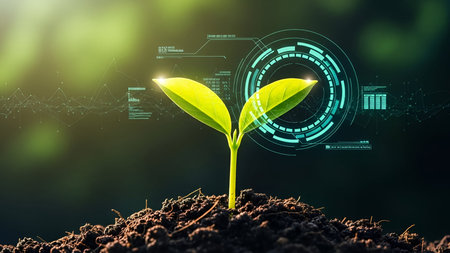 The a young green plant sprouting from a mound of soil, with two vibrant green leaves prominently displayed. The background is a dark, blurred green, overlaid with a futuristic digital data visualization. The digital include circular graphs, charts, and data points in blue and green hues, creating a high-tech, analytical atmosphere. The plant appears to be the focal point, symbolizing growth and innovation within a technological context.の写真素材