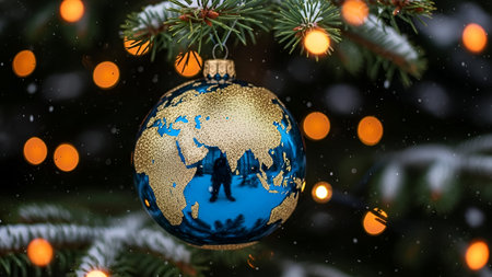 A spherical Christmas ornament featuring a detailed globe with blue oceans and gold landmasses hangs on a decorated Christmas tree. The ornament is suspended by a metallic hook among green pine branches adorned with small, warm orange lights. Snowflakes are subtly visible in the background, adding to the wintry atmosphere. The overall scene evokes a cozy and festive holiday mood.の写真素材