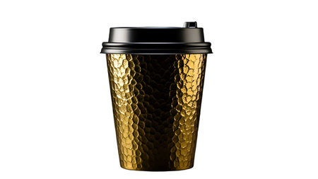 A gold textured coffee cup with a black lid is prominently displayed against a black background. The cup a shiny, reflective surface with a subtle pattern that creates a and stylish appearance. The black lid contrasts sharply with the gold cup, enhancing its visual impact. The overall composition is minimalist and modern, with a focus on the cup's texture and reflective qualities.の写真素材