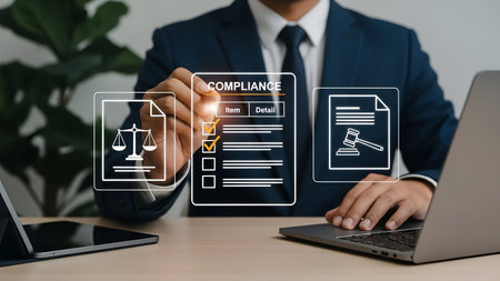 The a businessperson in a blue suit and tie using a digital tablet to check compliance on a virtual interface. The screen a checklist with marked as compliant, accompanied by legal such as scales of justice and a gavel. The person is seated at a desk with a laptop in front of them, and the background includes a green plant. The overall setting suggests a corporate or office environment focused on legal and compliance management.の写真素材