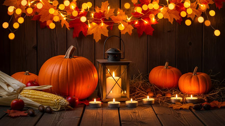 The a rustic wooden table adorned with autumn decorations. Prominent include several pumpkins of varying sizes, a lit lantern, and numerous candles. String lights with autumn leaves hang above, casting a warm glow. Additional like corn, acorns, and scattered leaves enhance the autumnal theme. The overall mood is cozy and inviting, evoking the warmth and charm of the fall season.の写真素材