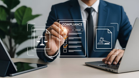 A businessman in a blue suit and white shirt with a black tie is seated at a desk, interacting with a digital screen displaying a compliance checklist. The screen various with checkboxes, and of scales of justice and a gavel are visible. The man is using a laptop, and a green plant is visible in the background. The setting appears to be an office environment, emphasizing compliance and legal aspects of business operations.の写真素材