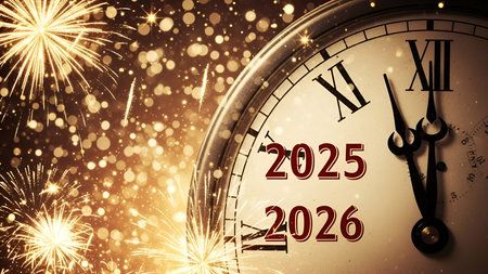 The a vintage-style clock with Roman numerals, prominently displaying the years 2025 and 2026. The...