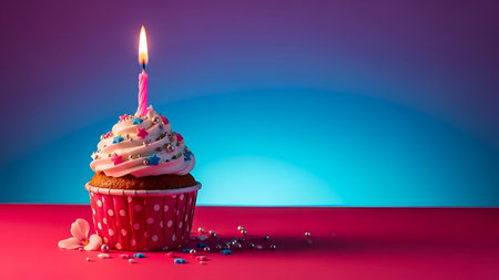 A close-up of a colorful cupcake with white frosting and colorful sprinkles, placed in a pink polka dot wrapper. The cupcake has a lit candle on casting a warm glow. The background is a gradient of blue and purple, creating a vibrant and festive atmosphere. The cupcake is the central focus, with some scattered sprinkles around it, adding to the celebratory mood.の写真素材