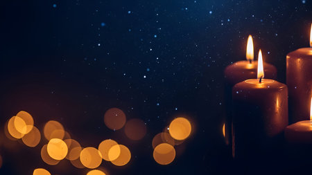 The several lit candles with a warm, flickering glow against a dark, starry background. The candles are arranged closely together, with their flames creating a soft, ambient light. The background is a deep blue with scattered stars, adding a celestial feel to the scene. Bokeh lights in warm tones are visible in the foreground, enhancing the cozy and serene atmosphere. The overall composition evokes a sense of tranquility and intimacy, themes of relaxation, meditation, or spiritual reflection.の写真素材