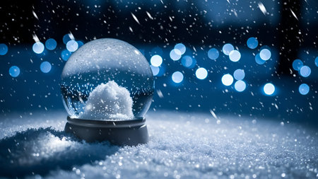 A close-up of a snow globe placed on a snowy surface, with falling snowflakes inside and outside the...