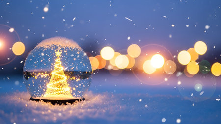 A snow-covered Christmas tree with a star topper is enclosed inside a transparent glass globe. The tree is illuminated with warm golden lights, creating a cozy and festive atmosphere. Snowflakes are falling around the globe, and the background a soft blue hue with blurred bokeh lights in various colors, adding a magical and dreamy effect to the scene.の写真素材