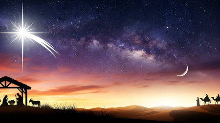 The a serene night sky filled with stars and a prominent galaxy. A bright star and a comet streak across the sky, illuminating the scene. Below, a silhouette of a nativity scene is visible with figures of Mary, Joseph, and baby Jesus in a manger, accompanied by animals. In the distance, three wise men on camels approach, creating a sense of movement and journey. The horizon a desert landscape with rolling dunes, and the sky transitions from deep purple and blue at the to warm orange and...の写真素材