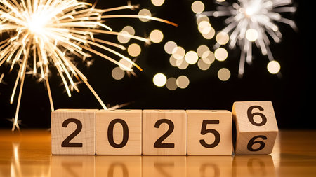 The wooden blocks arranged to spell out the numbers 20256. The blocks are placed on a shiny surface,...