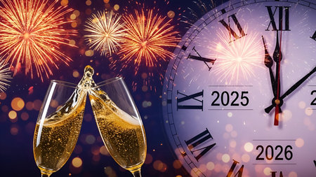 The two champagne glasses clinking together, with bubbles and liquid splashing between them. In the...