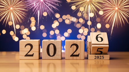 The wooden blocks with the numbers 2025 arranged on a reflective surface. The background showcases a...