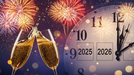 The two champagne glasses clinking together, filled with golden sparkling wine, with bubbles rising...