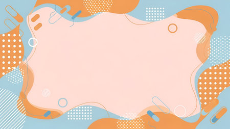 an abstract background with a combination of orange and blue patterns. The includes various shapes such as dots, lines, and rounded curves, creating a playful and artistic composition. The central area is a light peach color, surrounded by a mix of orange and blue with a minimalist and geometric style. The overall mood is soft and visually appealing, various purposes.の写真素材