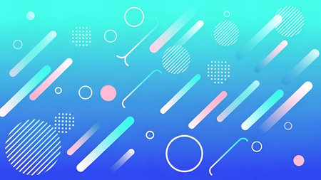 an abstract composition with various geometric shapes and lines on a blue gradient background. The...