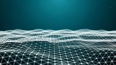 The an abstract digital pattern with a grid of interconnected lines forming a wavy, undulating...