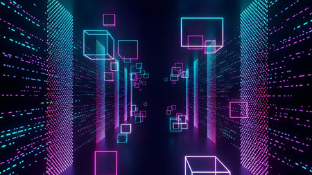 The a digital abstract space filled with glowing geometric shapes and cubes in neon pink, blue, and...