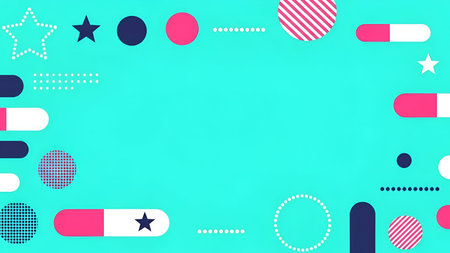 A turquoise background adorned with various geometric shapes. The shapes include stars, circles, and...