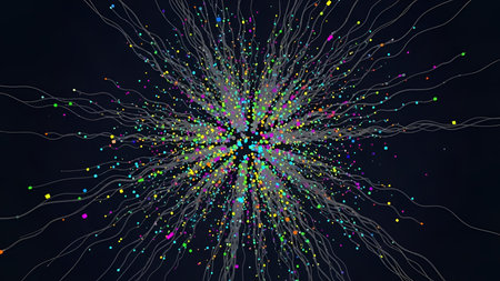 The a vibrant and dynamic abstract composition with a burst of multicolored particles radiating...